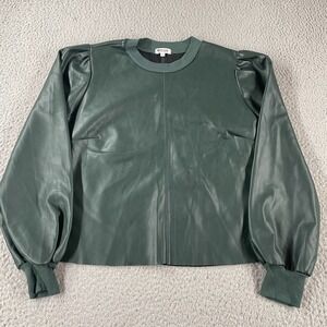 Evereve LA Made Tinsley Faux Leather Green Top Blouse Size XS Puff Sleeve USA